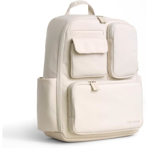 Itzy Ritzy Utility Diaper Bag Backpack – Features 17 Pockets (Including 2 Insulated Bottle Holders) & Trolley Sleeve and Includes Stroller Straps & Changing Pad – Part of the Belong Collection (Cream)
