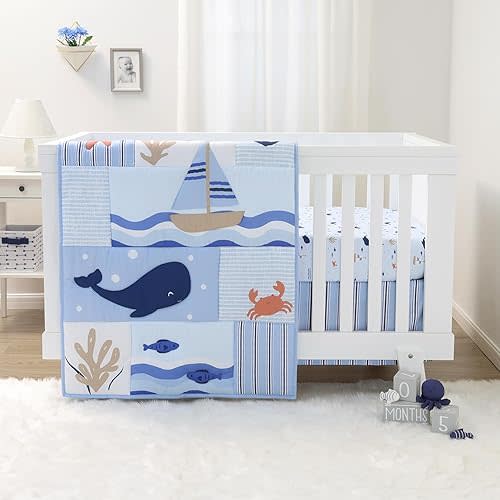 The Peanutshell 3 Piece Nautical Patch Baby Crib Bedding Set Boy, Baby Blanket Quilt, Fitted Crib Sheets for Boys, Navy & Blue Striped Crib Skirt Ocean Nursery Decor Boy