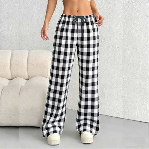 Women's Plaid Pajama Pants Plus Size Drawstring Elastic Waist Thin Weight Pjs Pants Summer Casual Checked Oversized Comfy Sleepwear Long Pants Lightweight Loungerwear Pajamas Pant