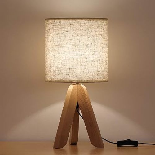 HAITRAL Small Bedside Table Lamp - Wooden Tripod Nightstand Lamp