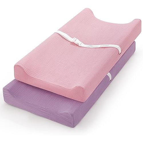 Pro Goleem Muslin Changing Pad Cover for Girls, Soft Breathable Fitted Cotton Diaper Changing Table Pad Sheets, 2 Pack (Pink＆Purple)