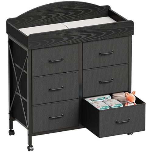 Baby Changing Table Dresser with Wheels, 6-Fabric Drawer Baby Dresser with Changing Table Top, Waterproof Diaper Changing Station & Pad, Mobile Storage Unit, Compact Baby Furniture, Black