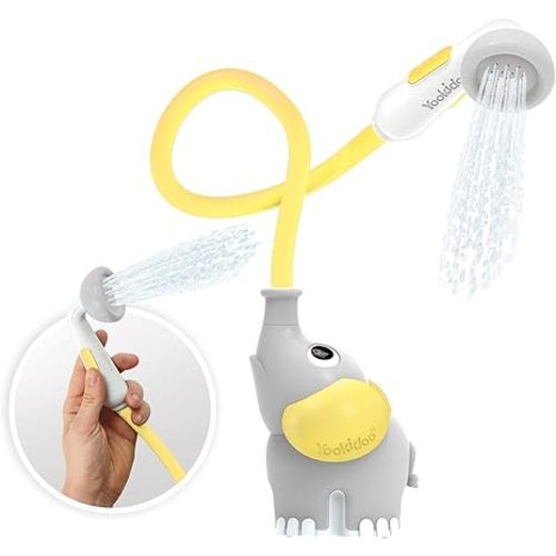 Yookidoo Baby Bath Shower Head - Elephant Water Pump and Trunk Spout Sprayer and Rinser-Control Water Flow from 2 Knobs Baby Bath Time Essentials for Newborn Babies in Tub Or Sink (Yellow)