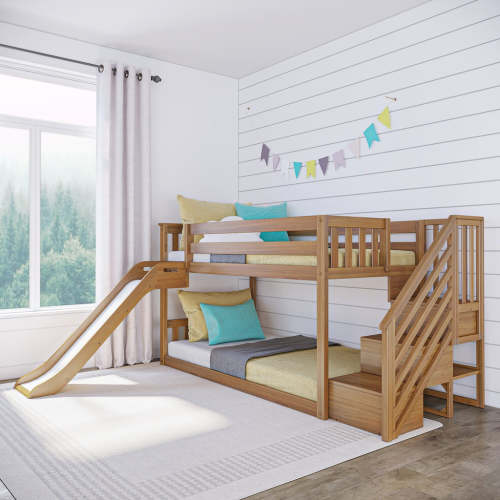 Twin Over Twin Low Bunk Bed With Easy Slide & Stairs