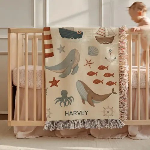 Personalized Woven Baby Blanket: Nautical Ocean Nursery Decor, Coastal Whale Gift