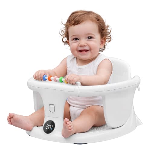 Baby Bath Seat 6+ Months with Temp Display Non-Slip Suction Base Tub Seat | Infant Bath Chair with Smart Water Temperature Display & Non-Slip Suction Cups for Bathtub, Tub, Sink - Baby Bath Essentials