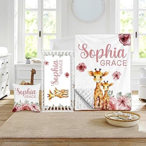 Juego de ropa de cama personalizado para cuna, diseño de jirafa, juego de 3 piezas de cama de bebé, manta suave elegante con respaldo de puntos, sábana, funda de almohada para niñas recién