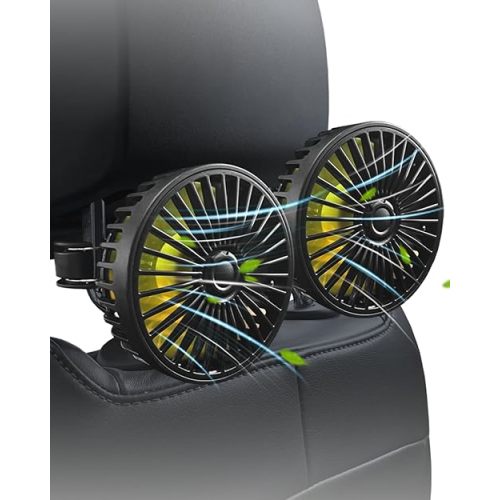 Backseat Car Fan for Kids, 360° Dual Head USB Car Fan for Back Seat, 3-Speeds Adjustable Car Fans for Sedan SUV RV Truck