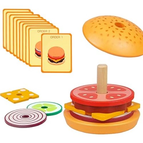 Wooden Burger Stacking Toys Montessori Toys For Toddlers Preschool Education Activity Board Game Early-Education Matching Speed Race Pretend Toy Food Back To School (Burger)