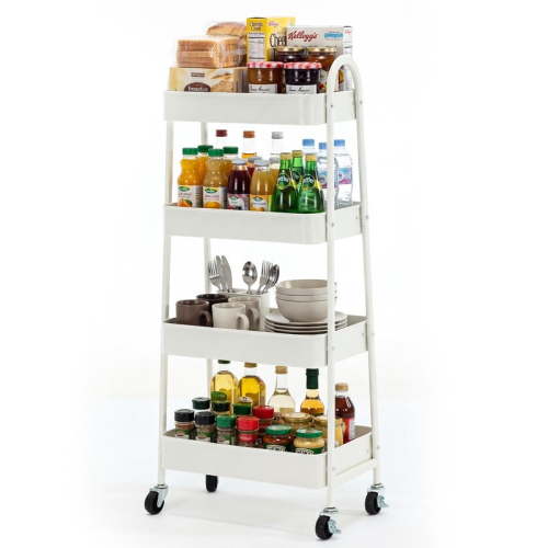 Gianna 4 Tier Utility Rolling Cart, Metal Mobile Storage Shelf with Lockable Caster Wheels, Organization for Livingroom, Bathroom & Narrow Places, White