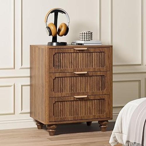 3 Drawer Dresser for Bedroom, Mid Century Modern Closet Dressers Chest of Drawers, Fluted Wood Wide Nightstand Storage Dresser with Drawers for Living Room, Dressing Room, Entryway, Hallway, Walnut