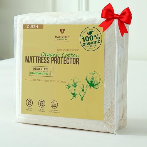Waterproof Organic Mattress Protector Queen – Soft Organic Cotton Top – Noiseless & Breathable 250 GSM Pad Cover – Deep Pocket Fitted Design