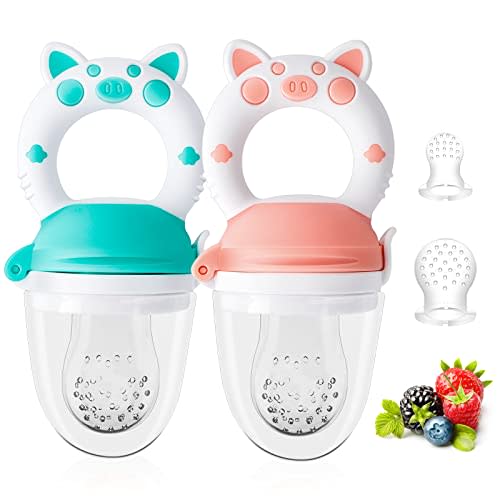 Baby Solids/Frozen Fruit Feeder Pacifier, Infant Teether Toy 4M+, BPA-Free Silicone Pouch & Nipple, Safely Introduce Solids, Teething Relief, 2-Pack (Piglet - Mint Green Pink, S/M/L)