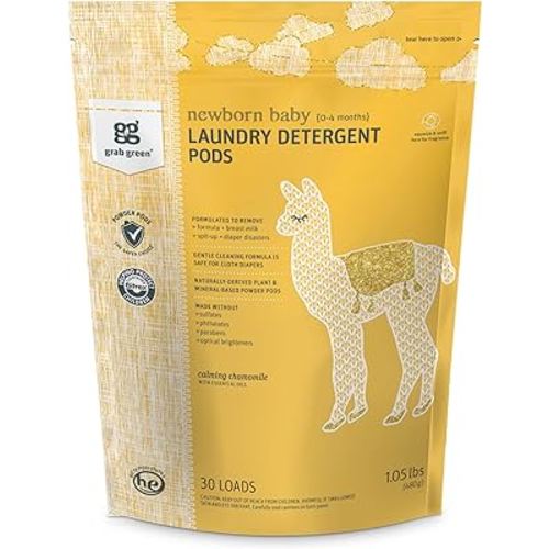 Grab Green Newborn Baby Laundry Detergent Pods, 30 Loads, Chamomile, Mineral Based, Non-Toxic, Stain Remover