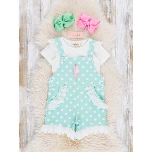 Polka Dot Embroidered Ice Cream Ruffle Overalls Set