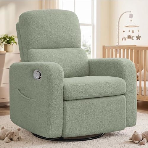 Swivel Rocker Recliner, Oversized Manual Boucle Nursery Glider Rocking Recliner Chair with Removable Cushion, Upholstered Teddy Swivel Reclining Chair for Nursery Living Room Bedroom, Green