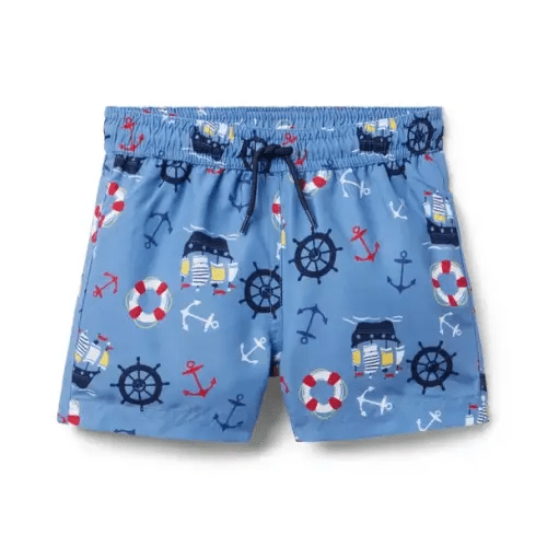 Boy Soft Blue Pirate Ship Recycled Pirate Ship Swim Trunk by Janie and Jack