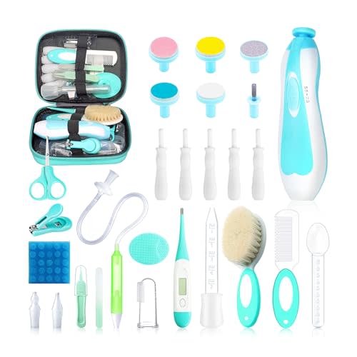 Baby Healthcare and Grooming Kit, 28 in 1 Portable Baby Essentials Kit Electric Nail Trimmer Set with Gas Relief Hair Brush Comb Nasal Aspirator for Newborn Boys Girls (Green)