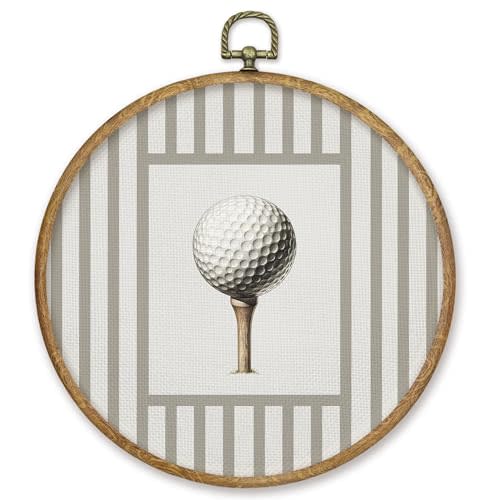 CGBHW Golf Nursery Round Wall Art Decor, Golfing Gifts Canvas Prints Framed, Grey Striped Golf Ball Sports Wall Art Hanging Decor for Kids Nursery Room Bedroom Playroom Sport Room, 10x10 Inch
