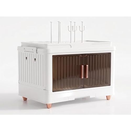 Vessy Baby Bottle Organizer for countertop with Drying Rack, Cover Dustproof Baby Bottle Storage Box Cabinet Station Essentials Clear Doors Plastic Storage Organizer White
