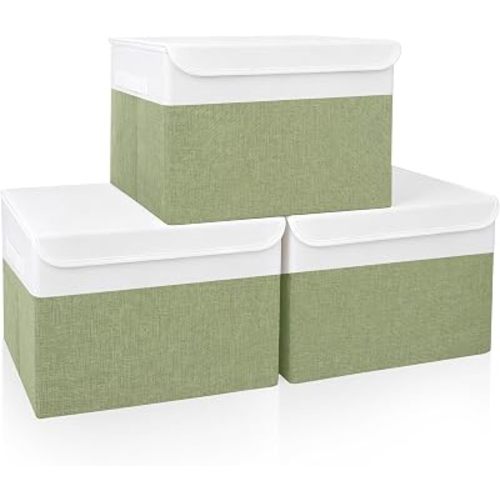 Large 17" 42 Quarts Collapsible Stackable Storage Bins with Lids [3-Pack] Foldable Fabric Linen Storage Boxes Cube, Closet Organizer Baskets with Label for Home (16.7 x 12 x 12", Green & White)