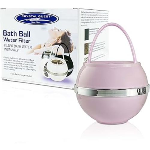 Crystal Quest Bath Ball Water Filter for Bathtub - 3-Stage Filtration, Removes Chlorine, Chloramine & Byproducts, 2,500 Gallons, BPA Free, pH Balanced Water, Fits Most Tubs, Easy Install - Pink