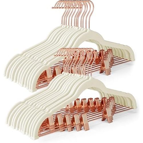HOUSE DAY Velvet Skirt Hangers 24 Pack, Non Slip Pants Hangers with Rose Gold Clips, Slim Hanger with Clips, Velvet Clip Hanger for Jeans, Trouser, Dresses, Coats (Ivory)