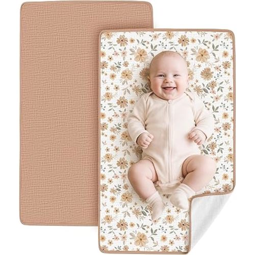 Konssy 2 Pack Waterproof Muslin Cotton Portable Changing Pad 30"x 17", Soft & Foldable Baby Changing Mat Travel Pad with Terry Backing, Shower Gift for Newborn Girls Boys (Toffee,Flourish)