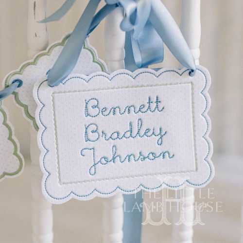 Personalized Baby Name Sign – 5x7 Embroidered Appliqué Wall Hanging with Ribbon – Blue Dot Fabric, Grandmillennial Nursery Announcemen Decor