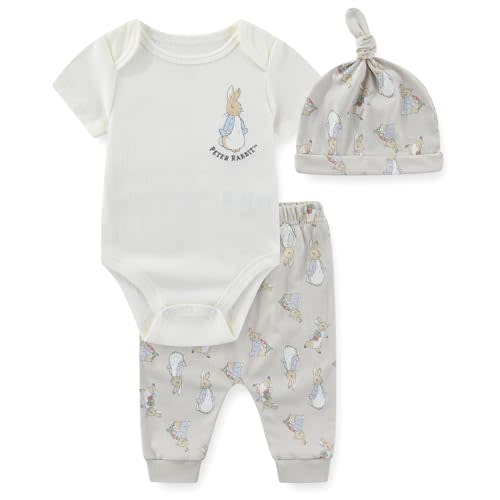 Peter Rabbit Baby Boys Bodysuit with Hat and Pants 3 Piece Set for Newborn Infants