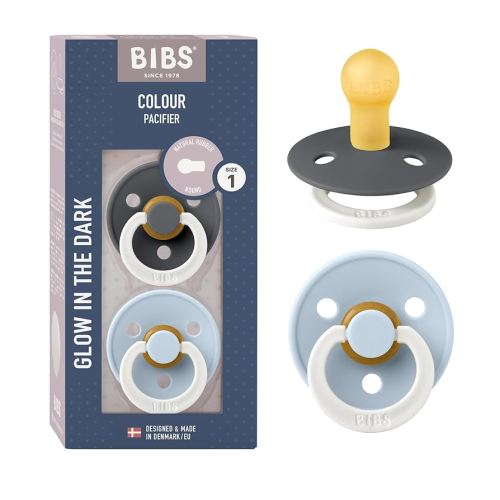 BIBS Schnuller Colour 2er Pack, Naturkautschuk, dänische Schnuller mit Kirschform. (Iron Night/Baby Blue Night, Größe 1 (0-6 Monate))