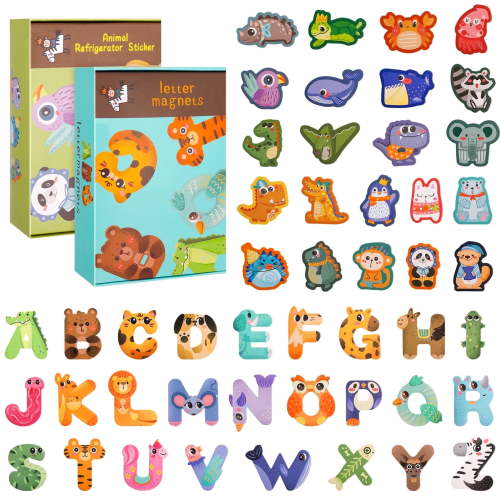 sixwipe 48 Pcs Children's Magnets for Fridge, Animal and Letter Refrigerator Educational Toys