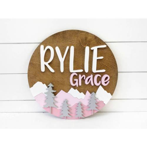 Woodland Nursery Name Sign | 12" 18" 24" 30" Wooden Round Personalized Gift | Mountain Round Wall Decor | Girl Boy Baby Shower