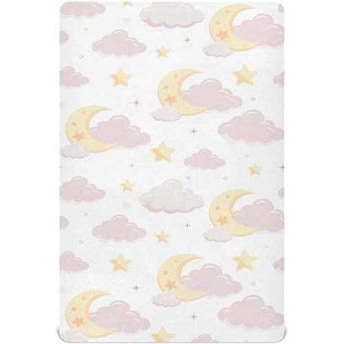 Fitted Crib Sheets Twinkle Pink Cloud and Star Stretchy Portable Playard Sheets for Baby Toddler, Breathable Soft Mini Crib Mattress 39 x 27 in for Boys and Girls