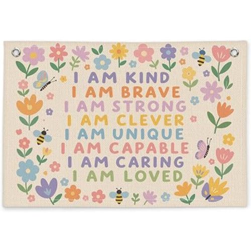 Positive Affirmation Flower Nursery Wall Decor Canvas Wall Hanging Banner, I Am Kind Brave Strong Pastel Flower Butterfly Banner Flag for Baby Girl Nursery Bedroom Room Playroom, 30x20 Inch