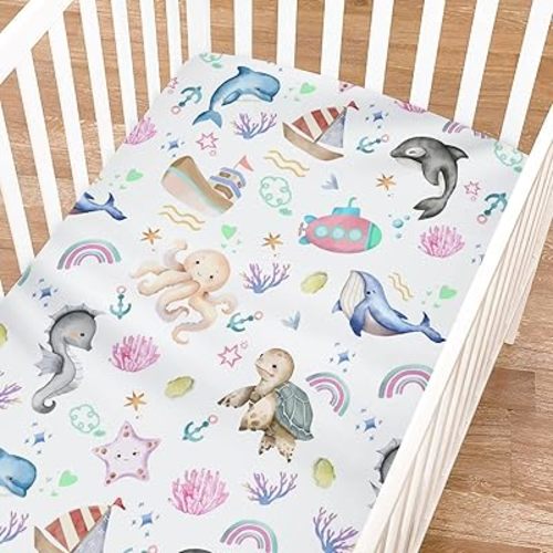 Colorful Sea Animals Rainbow Crib Sheets for Girls and Boys 52"x28" Whale Dolphin Turtle Sea Horse Corals Crib Fitted Sheet Soft Nursery Bed Sheets Fits Standard Crib and Toddler Bed Mattresses