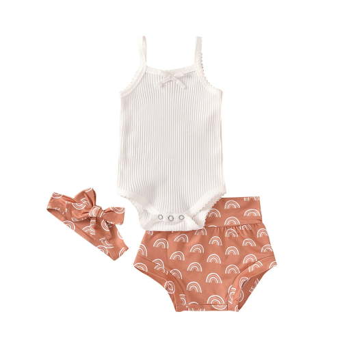 Odeerbi Baby Girl Clothes Baby Romper Newborn Infant Tops+Rainbow Print Short Pants +Headbands Sets
