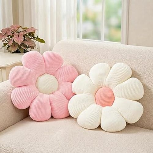 2 Pcs Preppy Flower Decorative Throw Pillows Set for Bed Couch Sofa, 15.35" Cute Pink White Flower Daisy Shaped Pillow for Aesthetic Preppy Bedroom Room Dorm Classroom Decor (White+Pink, 15.35 Inch)
