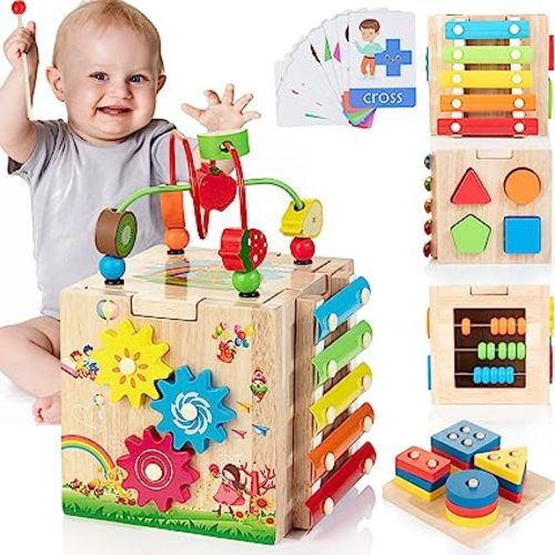 Bravmate Wooden Activity Cube | 8-in-1 Montessori Toys for 12M+ Toddlers, One Year Old First Birthday Gift, Baby Toy Set with Bonus Sorting & Stacking Board - Blue Packaging