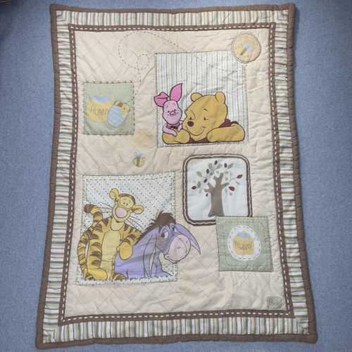 VTG Winnie The Pooh Quilted Crib Comforter 31x41 Piglet Tigger Eeyore Tan Brown