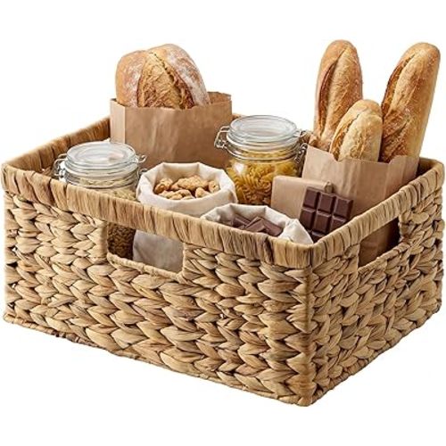 StorageWorks Large Rectangular Wicker Basket, Water Hyacinth Storage Basket with Built-in Handles, 1 Pack