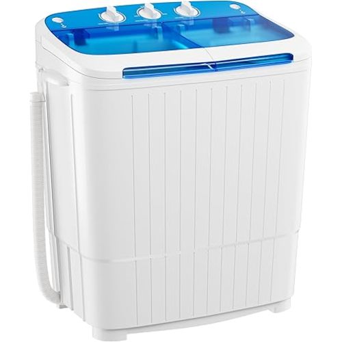 INTERGREAT Portable Washing Machine with Longer Hose, 16lbs Twin Tub Washer Mini Compact Laundry Washing Machine with Drain Pump, Semi-automatic Washer Combo for Dorms, Apartments, Blue