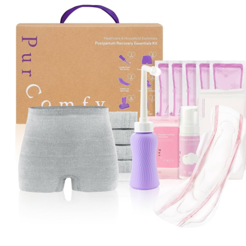 PurComfy 18 Pcs Postpartum Essentials Recovery Kit, Includes 5 Disposable Underwear, 24 Perineal Pad Liners, Perineal Care Foam, 5 Instant Ice Pads, Peri Bottle and 5 Postpartum Pads