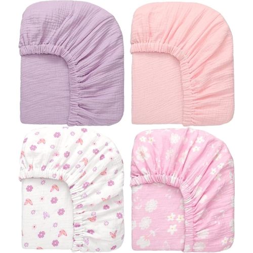 4 Pack 52''x28'' Muslin Crib Sheets Neutral Soft and Breathable Cotton Baby Sheets 9in Thick for Girl Boy Standard Fitted Crib Mattress(Purple Butterfly)