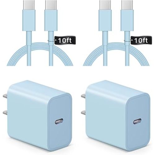 iPhone 17 16 15 Charger Fast Charging 10FT - 2 Pack 20W USB C Charger Block with Type C Cable Compatible with iPhone 17/17 Pro/17 Pro Max/Air/16/16e/15, iPad Pro, Air M3/M2/5/4, 11th/10th (Blue)