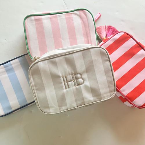 Personalized Striped Zipper Makeup Bag: Embroidered Initial Gift