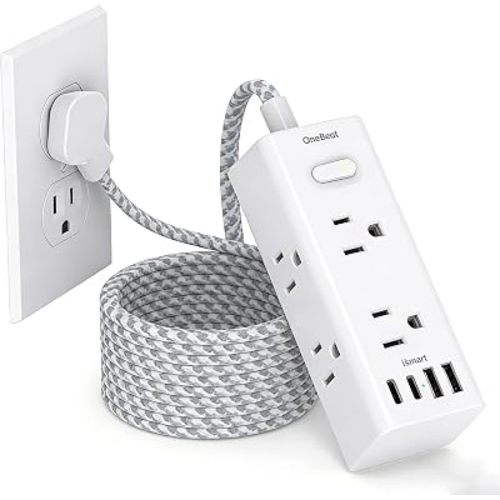 10Ft Flat Extension Cord with Multiple Outlets, Surge Protector Power Strip