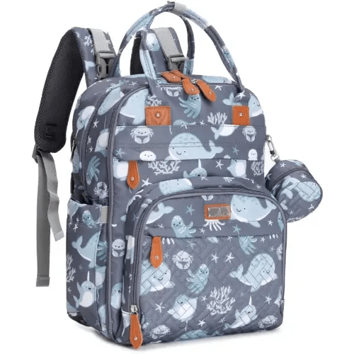 BabbleRoo Diaper Bag Backpack - Baby Essentials Travel Tote - Multi Function Water Resistant Diaper Bag, Travel Essentials Baby Bag with Changing Pad, Stroller Straps & Pacifier Case - Sea Animals