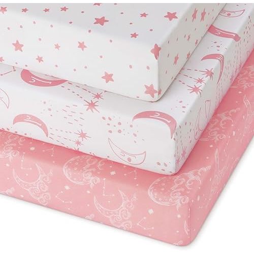 Pack and Play Sheets Fitted 3 Pack, Mini Crib Sheets for Pack N Play Mattress Stretchy Portable Playard Sheets, Soft Breathable Pink White Moon
