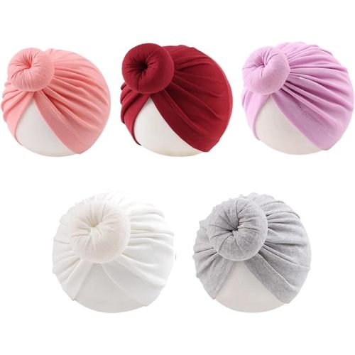 PESAAT Baby Girl Turban Newborn Beanies Hat 5 Pieces Cotton Infant Girls Headwraps Toddler Kids Hats 0-3 Years